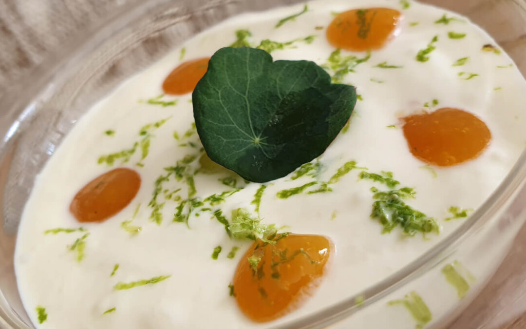 Flan de aceituna Gordal con chantilly de romero y gel de naranja