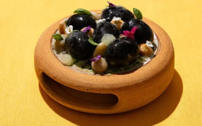 Aceitunas Hojiblancas aliñadas en sopa de almendras, berenjena ahumada y rosáceas.